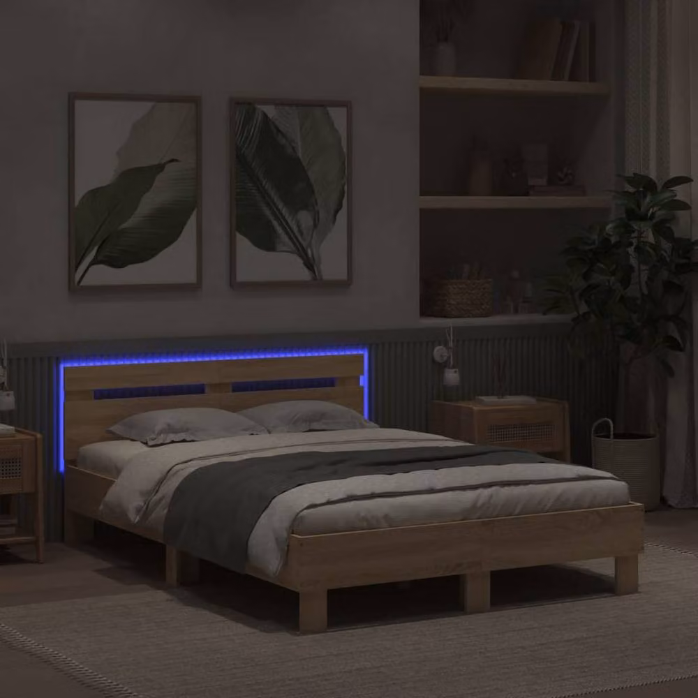 Berkfield Home Double Bed Frame with LED Lighting and USB Charging Port in Natural Sonoma Oak, W/D/H: 135 x 190 cm – 3