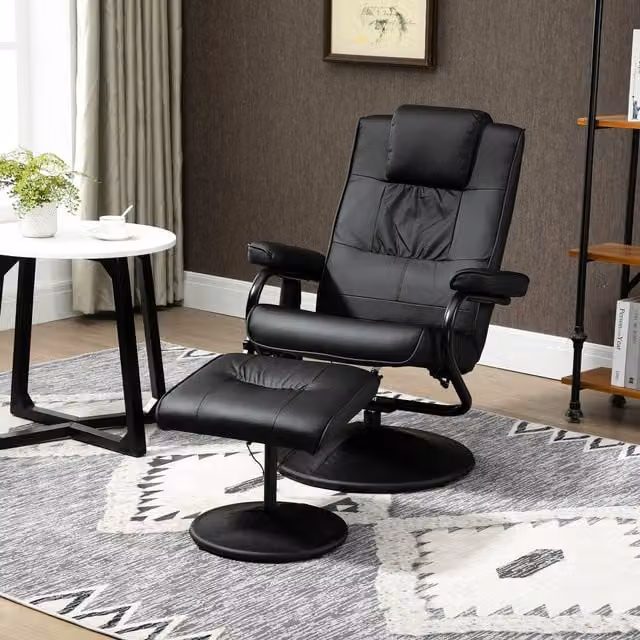 HOMCOM 10-Point Massage Recliner Chair with Ottoman in Black PU Leather – 1