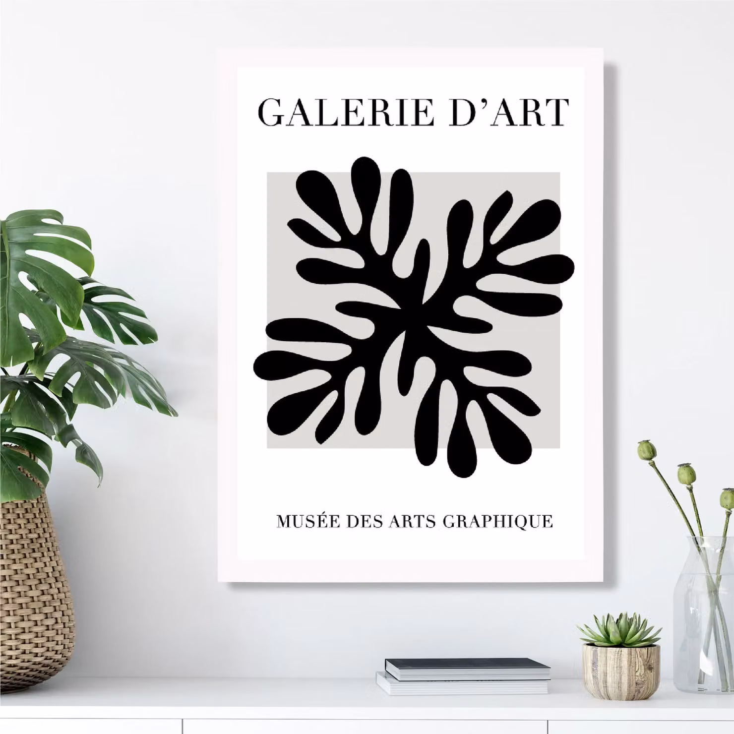 ARTZE Matisse Floral Cutout Black and Grey Framed Print with White Frame, A2 – 2