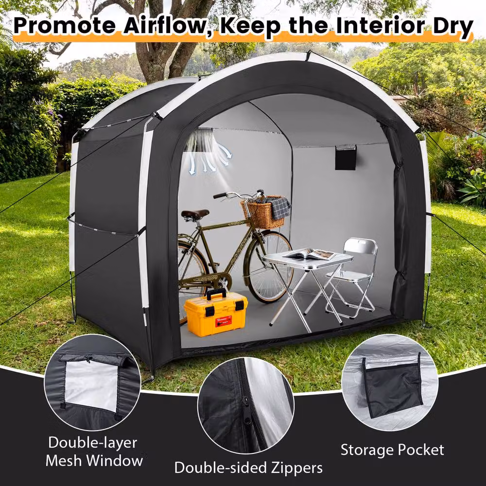 Gymax Portable Bike Storage Shed Tent in Black with Mesh Ventilation, W: 220 cm, H: 190 cm – 10