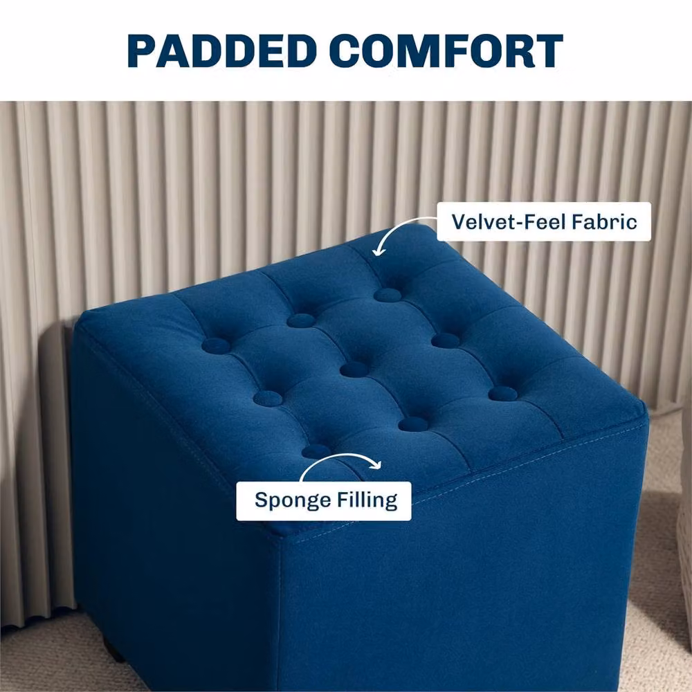 EONLION Blue Velvet Cube Footstool Ottoman – 3