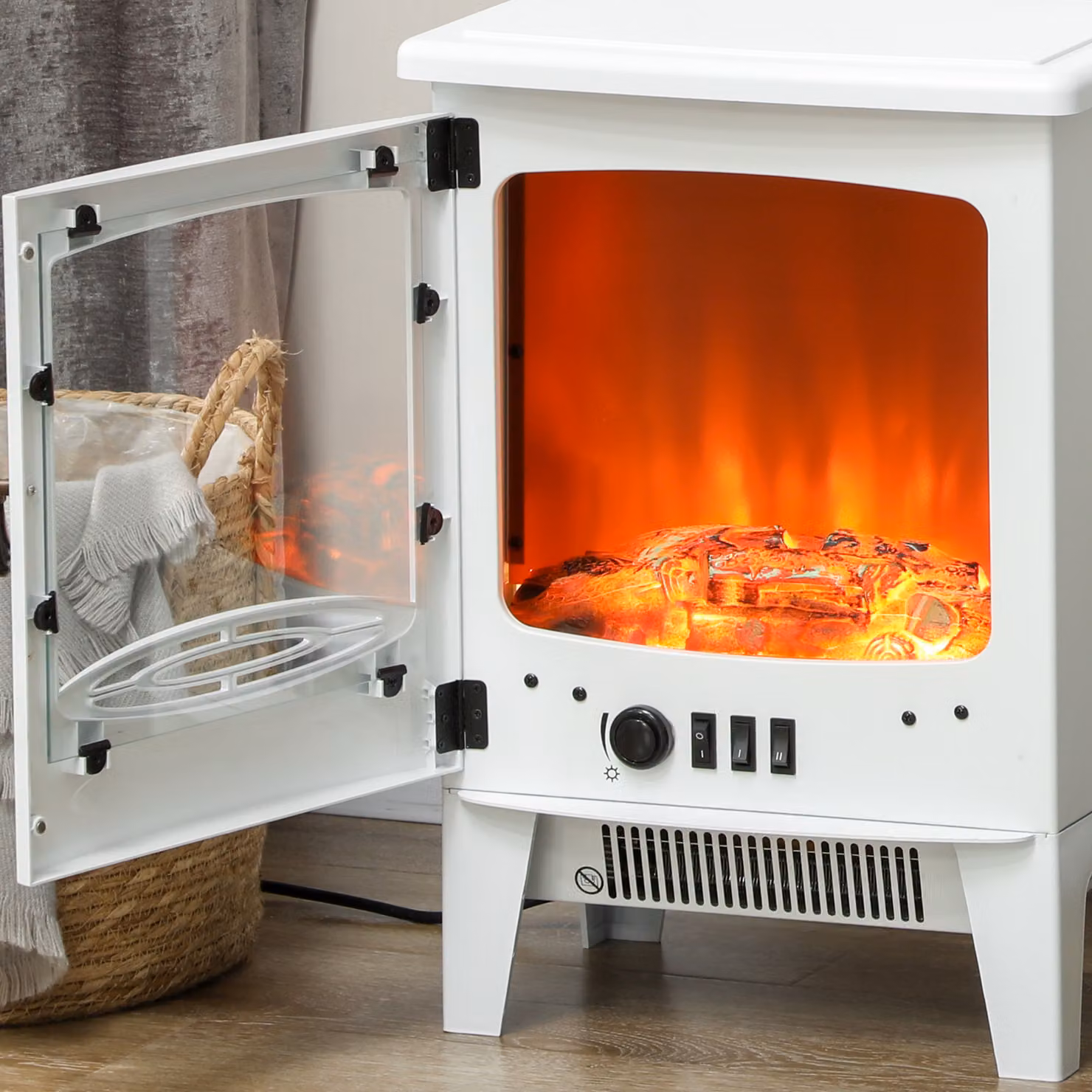 HOMCOM Freestanding Electric Fire with Realistic Flame Effect and Overheat Protection, White – 6