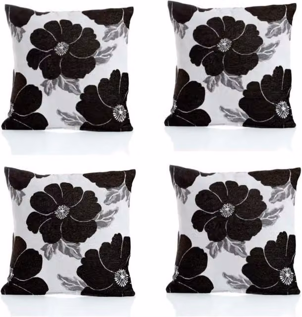 Luxor Living Poppy Chenille Cushion Set of 4 in Blue and Black, Floral Design, W/D/H: 45 x 45 x 45 cm