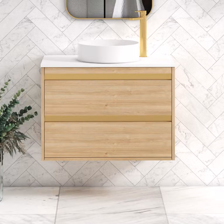 Royal Bathrooms Orion 800mm Natural Oak Wall Hung Vanity Unit with Plain White Countertop, 2 Drawers, Art Basin and Brushed Brass Accent Trim