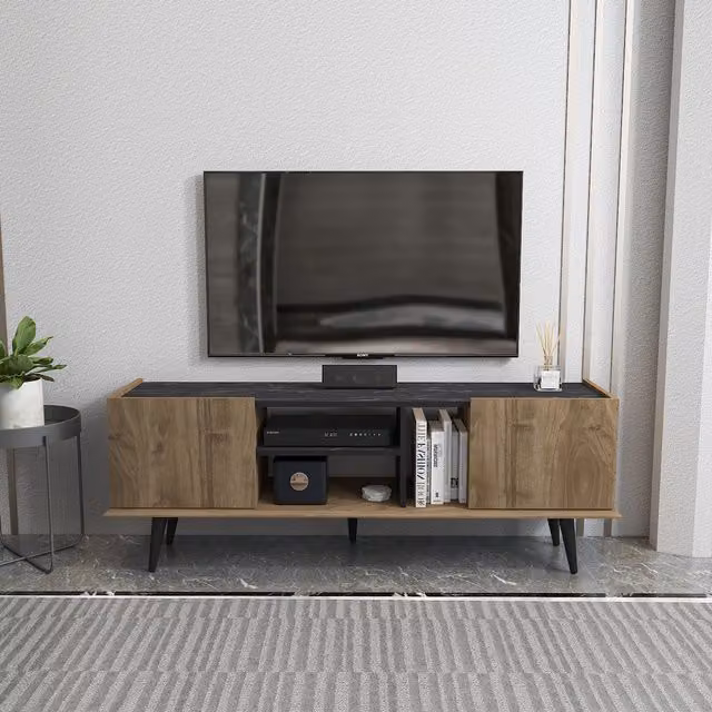 Decorotika Ekvador Mid-Century TV Unit in Walnut and Black Marble Effect