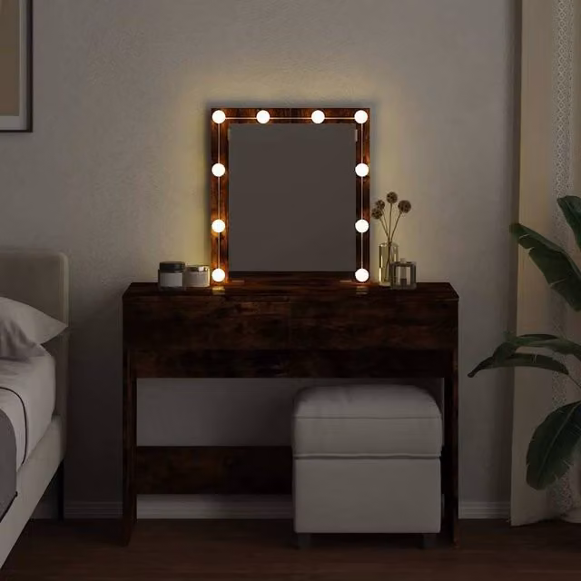 Berkfield Home Beautiful Dressing Table with LED in Smoked Oak Brown, W/D/H: 100 x 40 x 130 cm