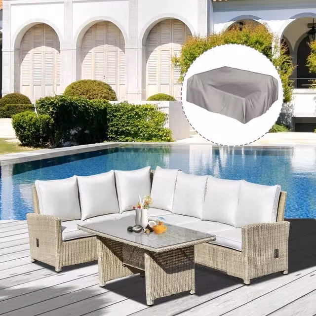 Outsunny 5 Piece Modern Reclining PE Rattan Garden Dining Set in Grey and Beige with Aluminium and Glass Details