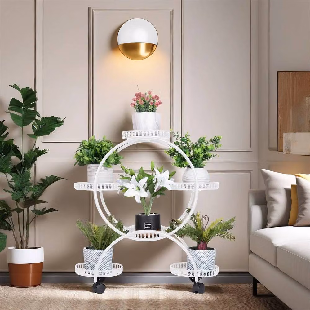 KORVIXA 6-Potted Metal Garden Cart Plant Stand in White – 3