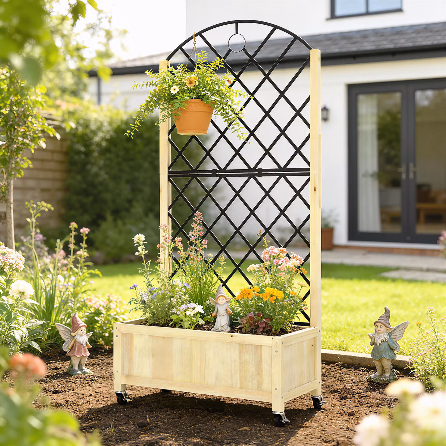 Outsunny Brown Wooden Raised Garden Bed with Metal Trellis and Lockable Wheels – 7