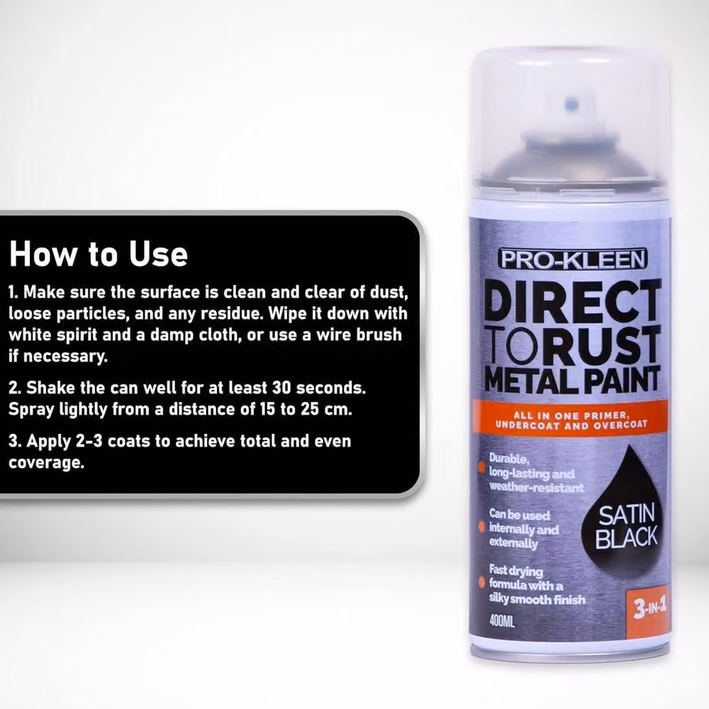 ProKleen Direct to Rust 3-in-1 Metal Paint, Primer, Undercoat and Topcoat, Black Satin Finish, 4 x 400ml – 3