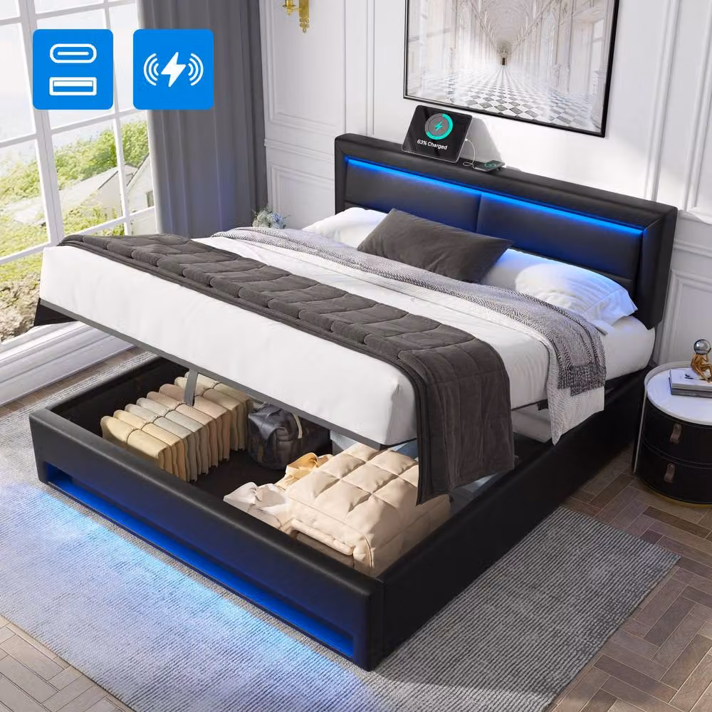 Rolipo Black PU Upholstered Super King Bed with LED Lighting, USB Charging Port and Storage, W/D/H: 180 x 200 cm – 2