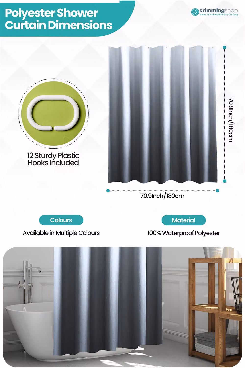 Neel Blue Gradient Colour Bathroom Shower Curtain in Blue and Grey with 12 Hooks, Mould Resistant, W: 180 cm, H: 200 cm – 2