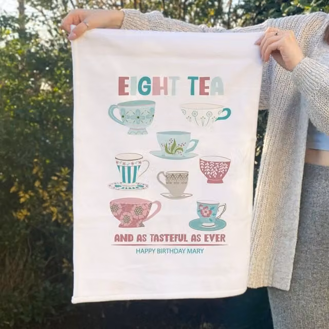 Afewhometruths Personalised Eight Tea 80th Birthday Gift Tea Towel in White, W: 60 cm – 1
