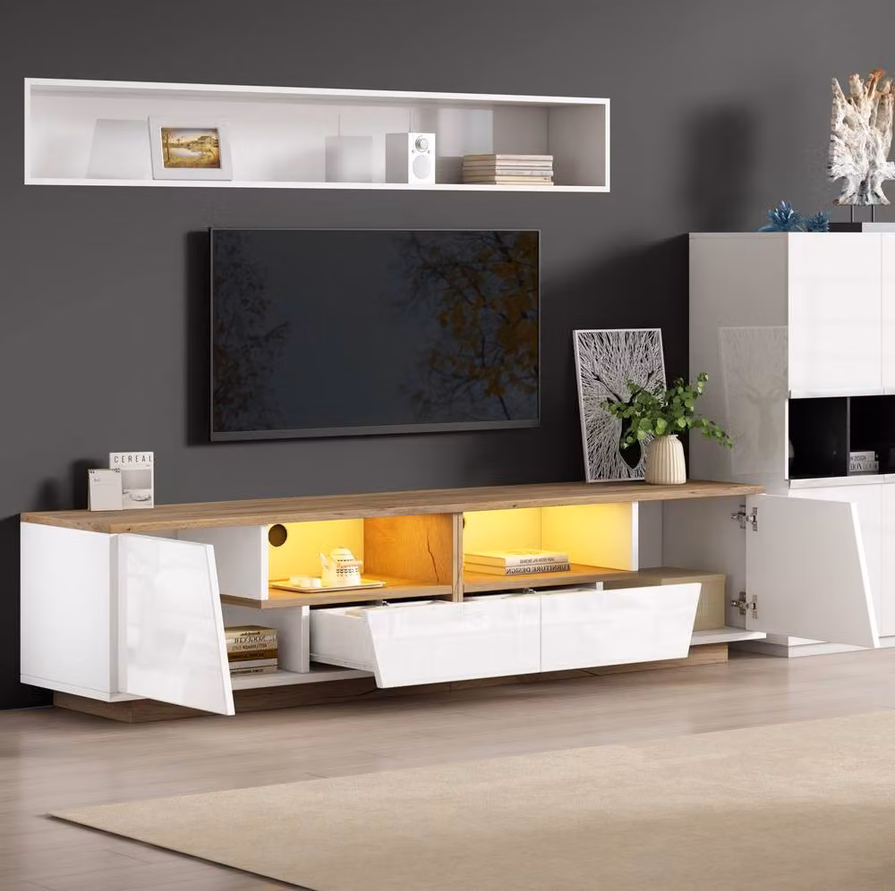 STILVORA TV Stand with LED Lighting, Drawers and Cabinets in White and Oak – 2