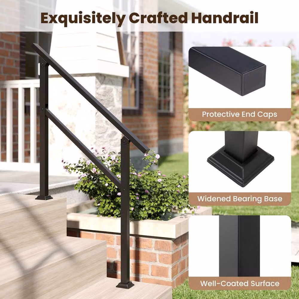 Gymax Black Metal Outdoor Handrail for 1 to 3 Steps with Flexible Angle – 6