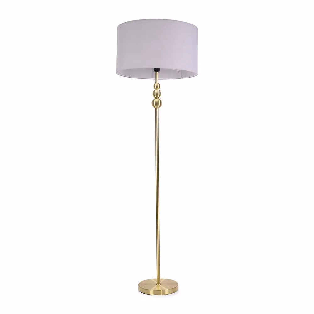 ValueLights Gold Stacked Ball Floor Lamp with Grey Fabric Drum Shade and LED Bulb – 2