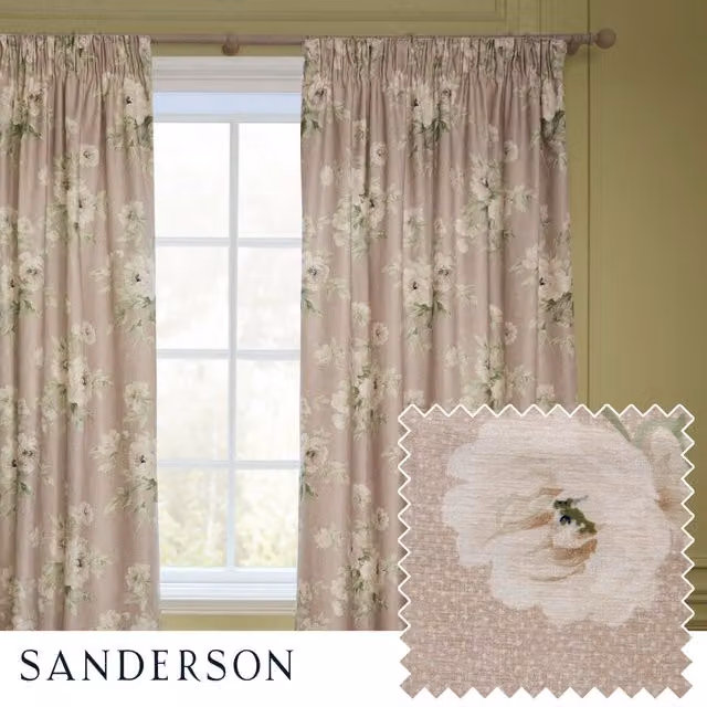 Sanderson Adele Floral Chenille Pencil Pleat Curtains in Pink, Width: 229 cm, Drop: 183 cm – 1