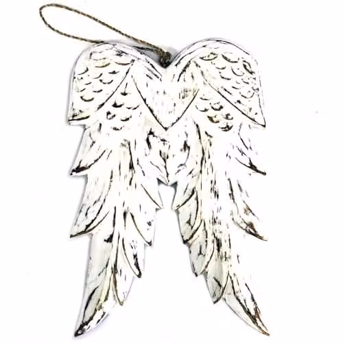 KDMD Hand Crafted Double Angel Wing Wooden Wall Hanging Ornament in White, 31 cm
