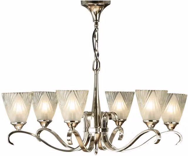 Interiors 1900 Columbia 6 Light Art Deco Ceiling Chandelier in Silver and Transparent Glass with E14 LED Compatibility