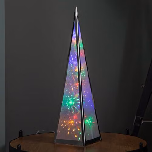 Samuel ALEXANDER Silver Modern Holographic Christmas Pyramid Decoration with Multi-Coloured LEDs, Height: 45 cm