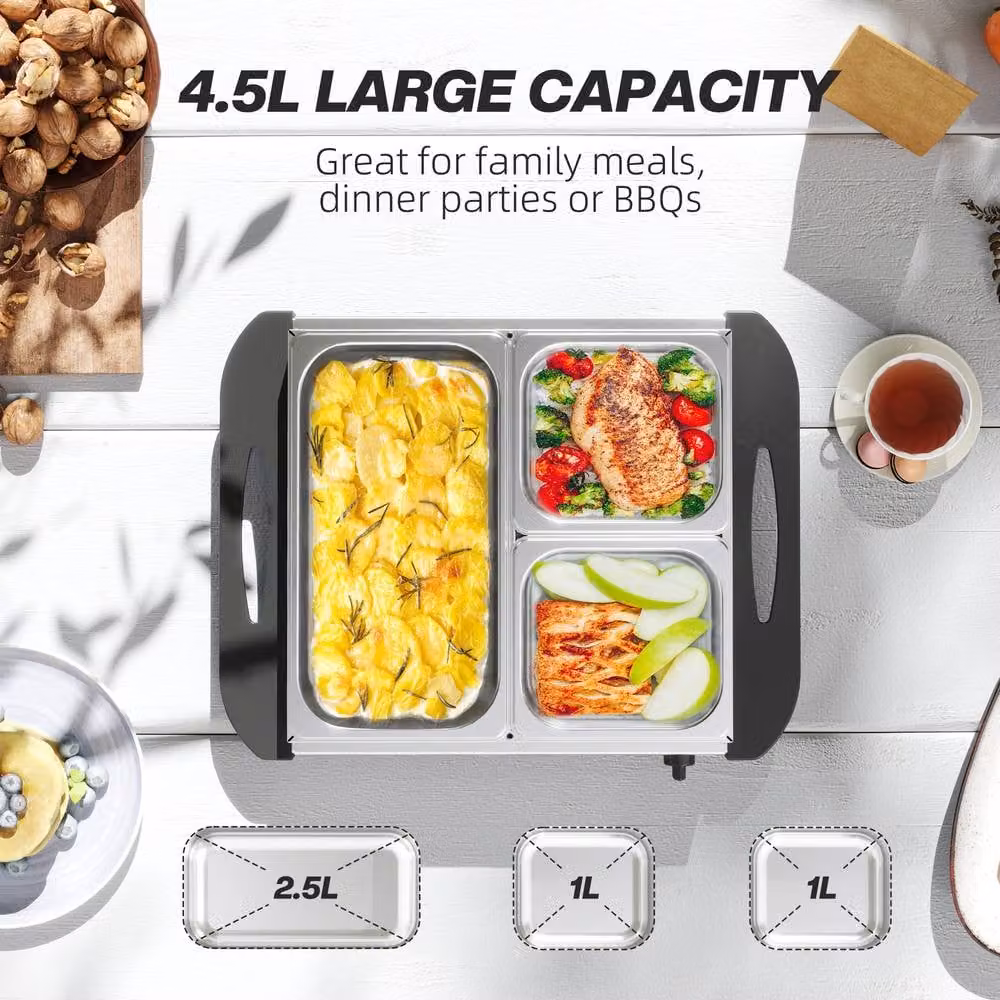 STILVORA Electric Buffet Server with 3 Trays and Warming Plate in Silver Stainless Steel – 5