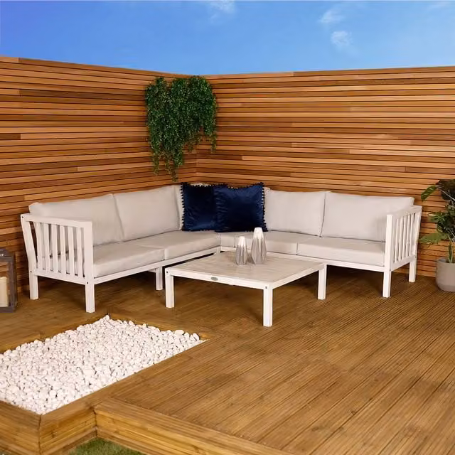 Charles Bentley FSC Acacia White Washed Wooden Corner Lounge Set with Grey Cushions - Natural