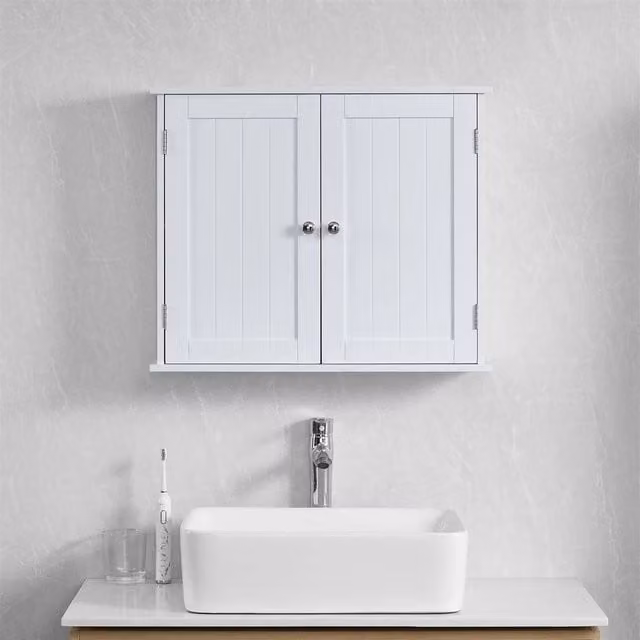 SPETLEK Modern White Wall Mounted 2 Door Bathroom Storage Cabinet with Internal Shelves