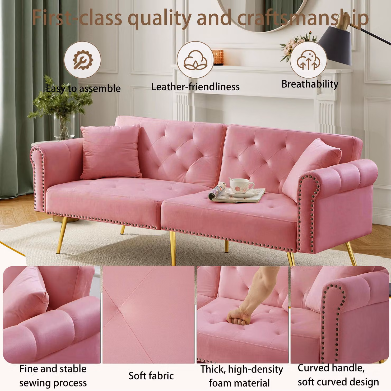 Aosom UK 2-Seater Modern Velvet Sofa Bed in Pink with Adjustable Backrests and Scatter Cushions, W/D/H: 177 x 74 x 71 cm – 6