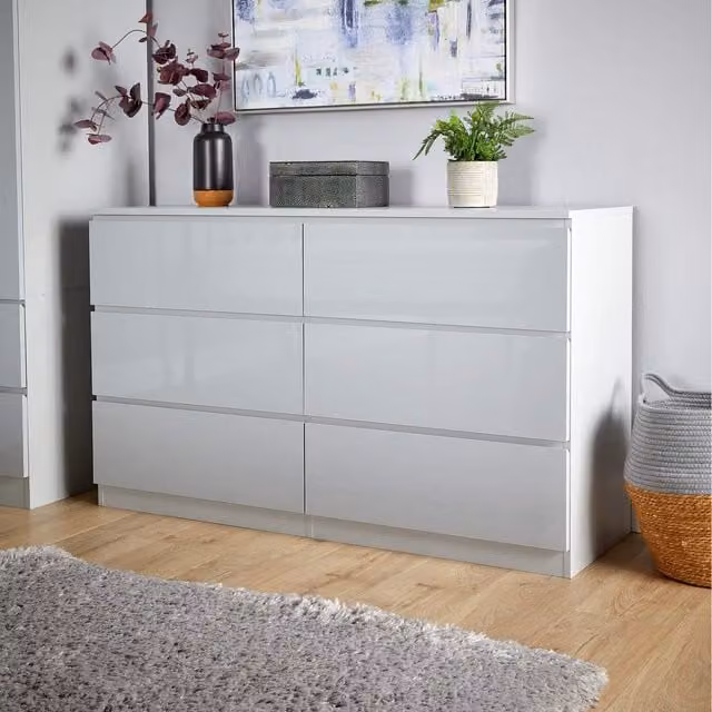 Home Source Lugano 6 Drawer Wide Chest of Drawers with High Gloss Fronts in Grey