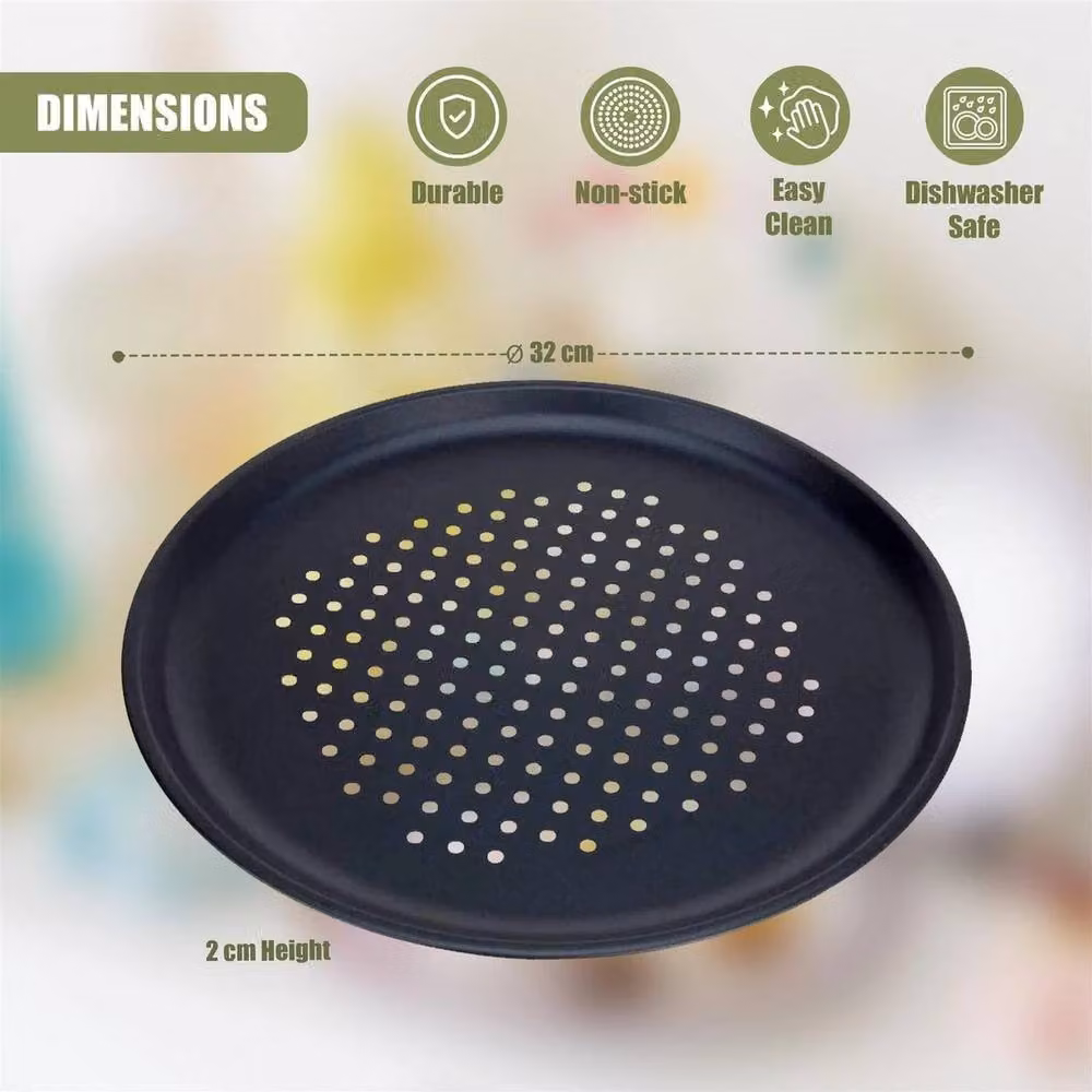 PAWNORA Set of 3 Large Non-Stick Round Carbon Steel Pizza Trays, Black, Diameter: 32 cm – 3