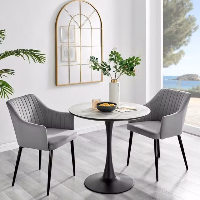 FurnitureboxUK Elina White Marble Effect Round Dining Table and 2 Calla Velvet Chairs in Grey and Black