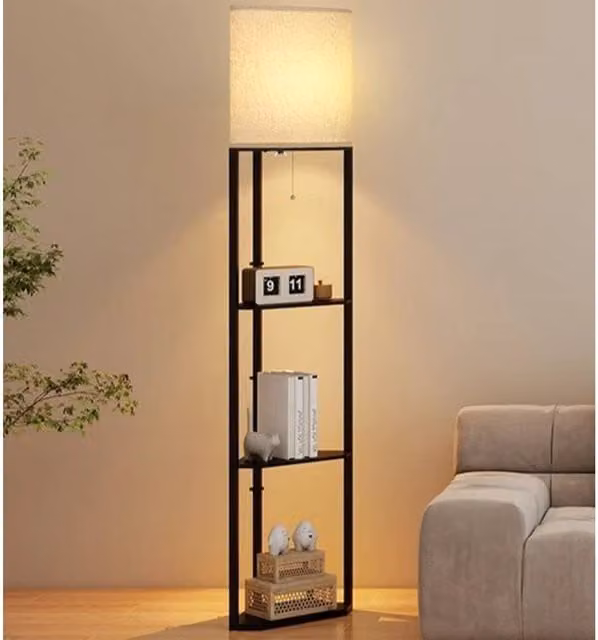 VOGREX Modern Black and Wood Corner Floor Lamp with Storage for Living Room and Bedroom – 1