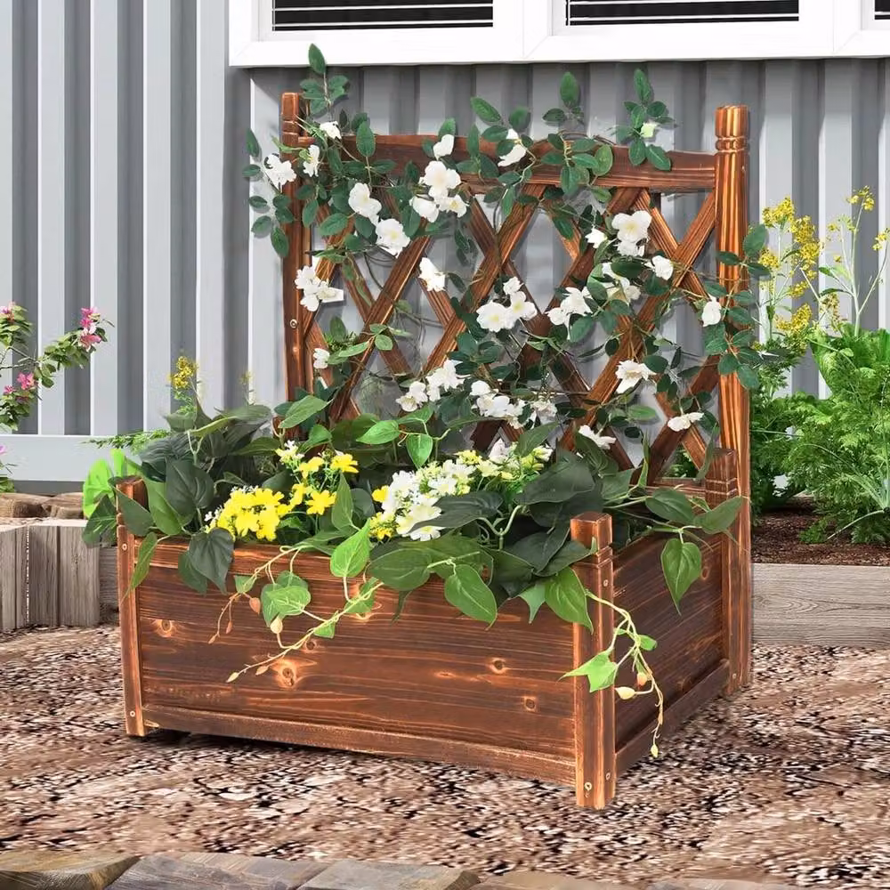 FLAVORA Brown Wood Lattice Trellis Window Box Planter, W/D/H: 76 x 64 x 28 cm – 3
