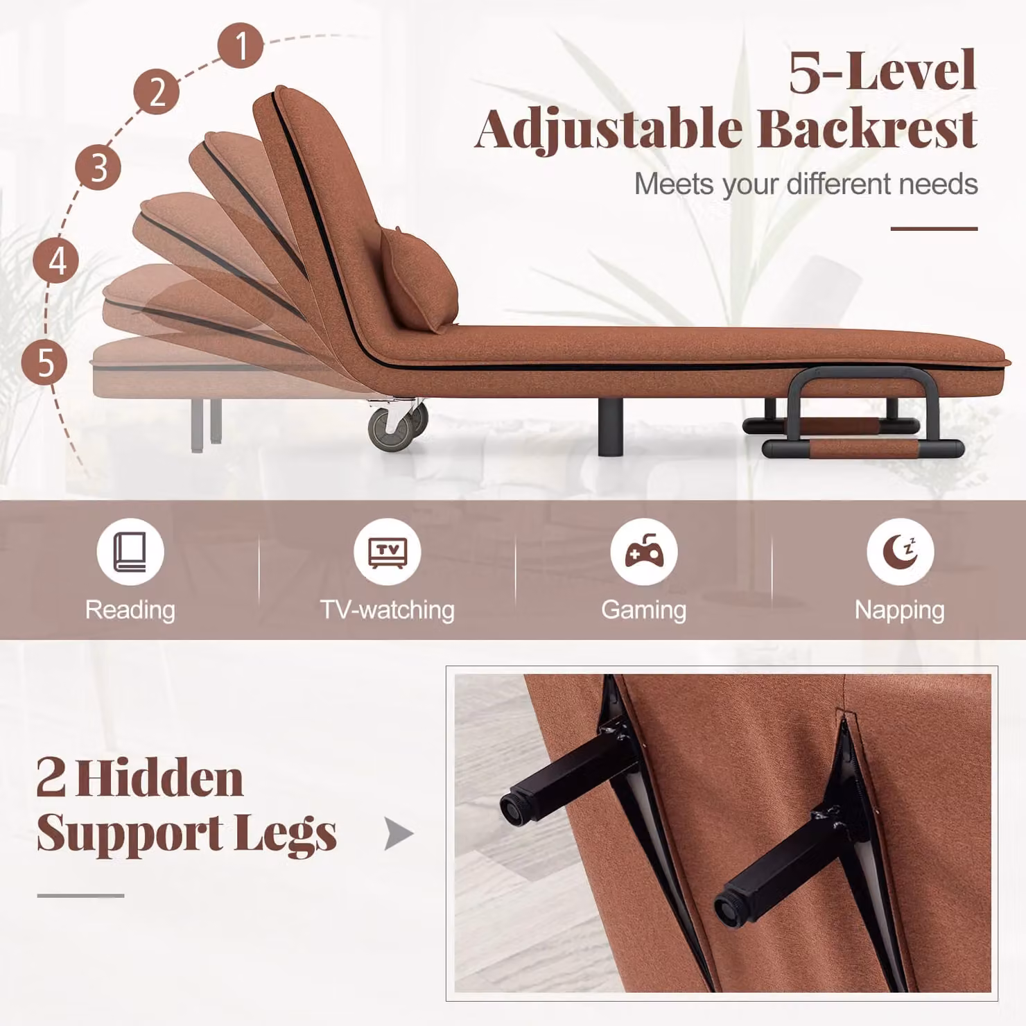 Costway Modern Fabric Single Folding Sofa Bed Chair in Dark Brown – 4