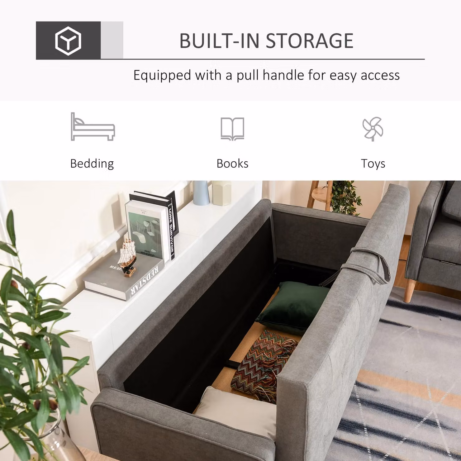 HOMCOM Modern 3-Seater Button-Tufted Fabric Sofa with Hidden Storage and Rubberwood Legs in Grey – 3
