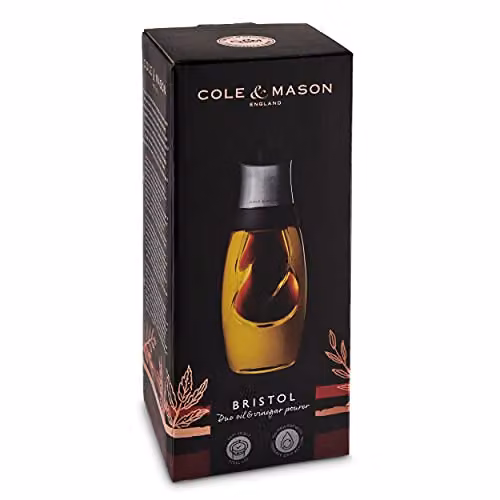 Cole & Mason Bristol Duo Oil and Vinegar Pourer Set with Drip-Free Spout and Lids, Transparent and Silver – 2