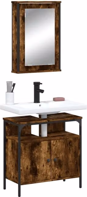 Berkfield Home 2 Piece Brown Smoked Oak Bathroom Furniture Set with Mirror Cabinet and Vanity Unit