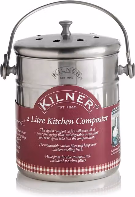 Kilner Stainless Steel Kitchen Compost Bin with Odour Filter and Flip Lid, Silver, 2 Litre
