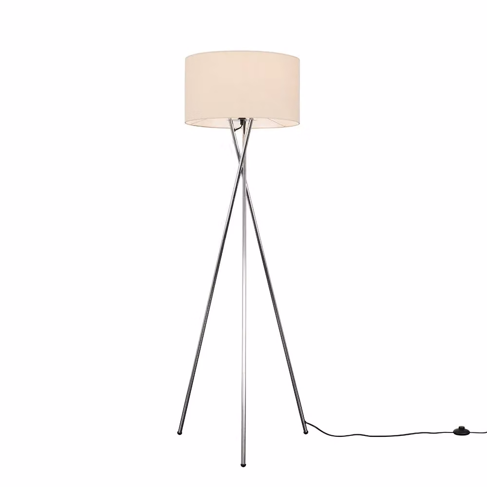 ValueLights Camden Modern Polished Chrome Metal Tripod Floor Lamp with Beige Fabric Cylinder Shade – 3