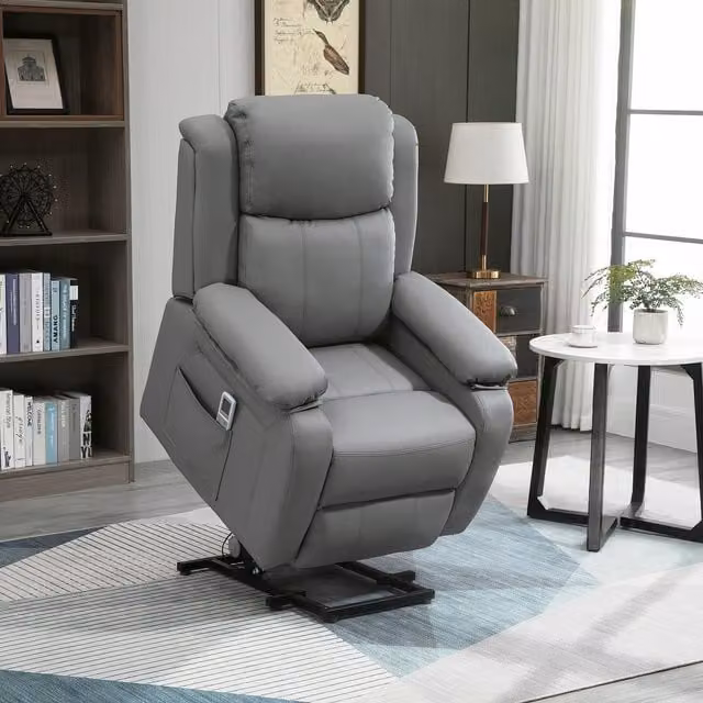 HOMCOM Grey Synthetic Leather Power Lift Recliner Chair with Armrests – 1