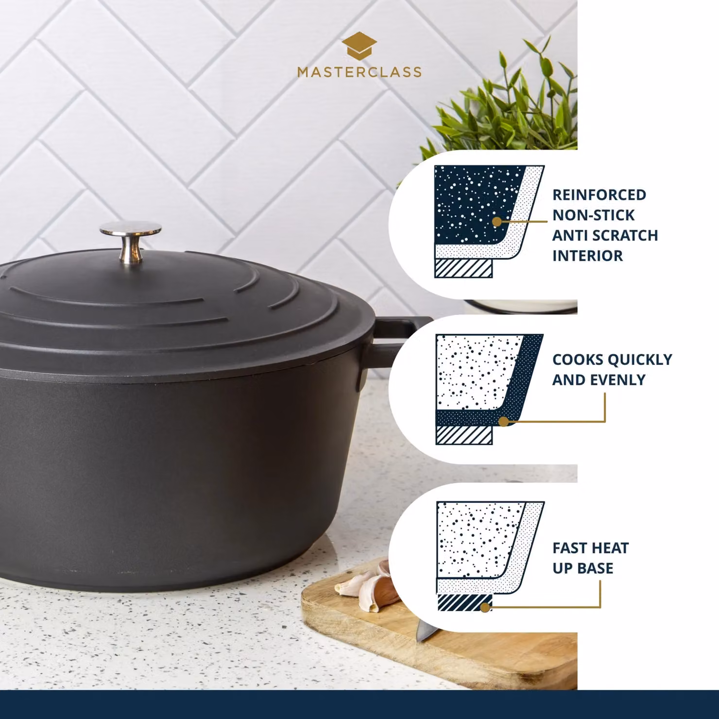 MasterClass Non-Stick Cast Aluminium Casserole Dish with Lid, Black, 5L – 5