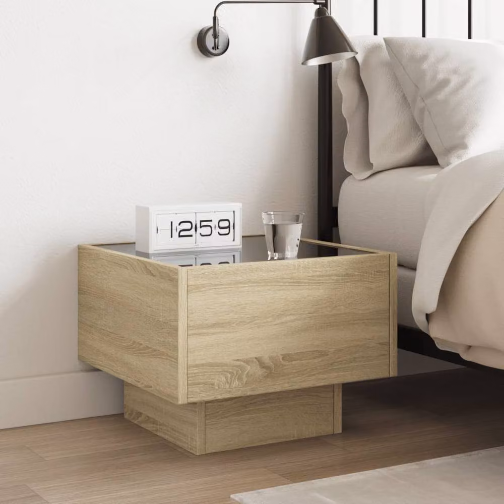 Berkfield Home Infinity LED Bedside Table in Sonoma Oak Natural with Mirror Top, W/D/H: 40 x 40 x 30 cm – 3