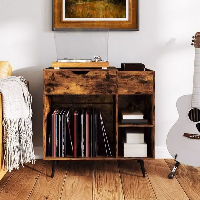 Costway Wooden Record Player Stand and Turntable End Table with Built-In Power Strip in Brown – 1
