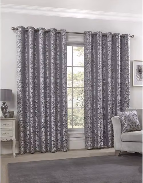 NewEdgeBlinds Silver and Grey Floral Jacquard Eyelet Curtains, Width: 228 cm