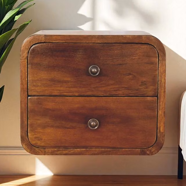 Aosom UK Brown Solid Mango Wood Floating Mini Bedside Table with 2 Drawers, W/D/H: 30 x 25 x 25 cm