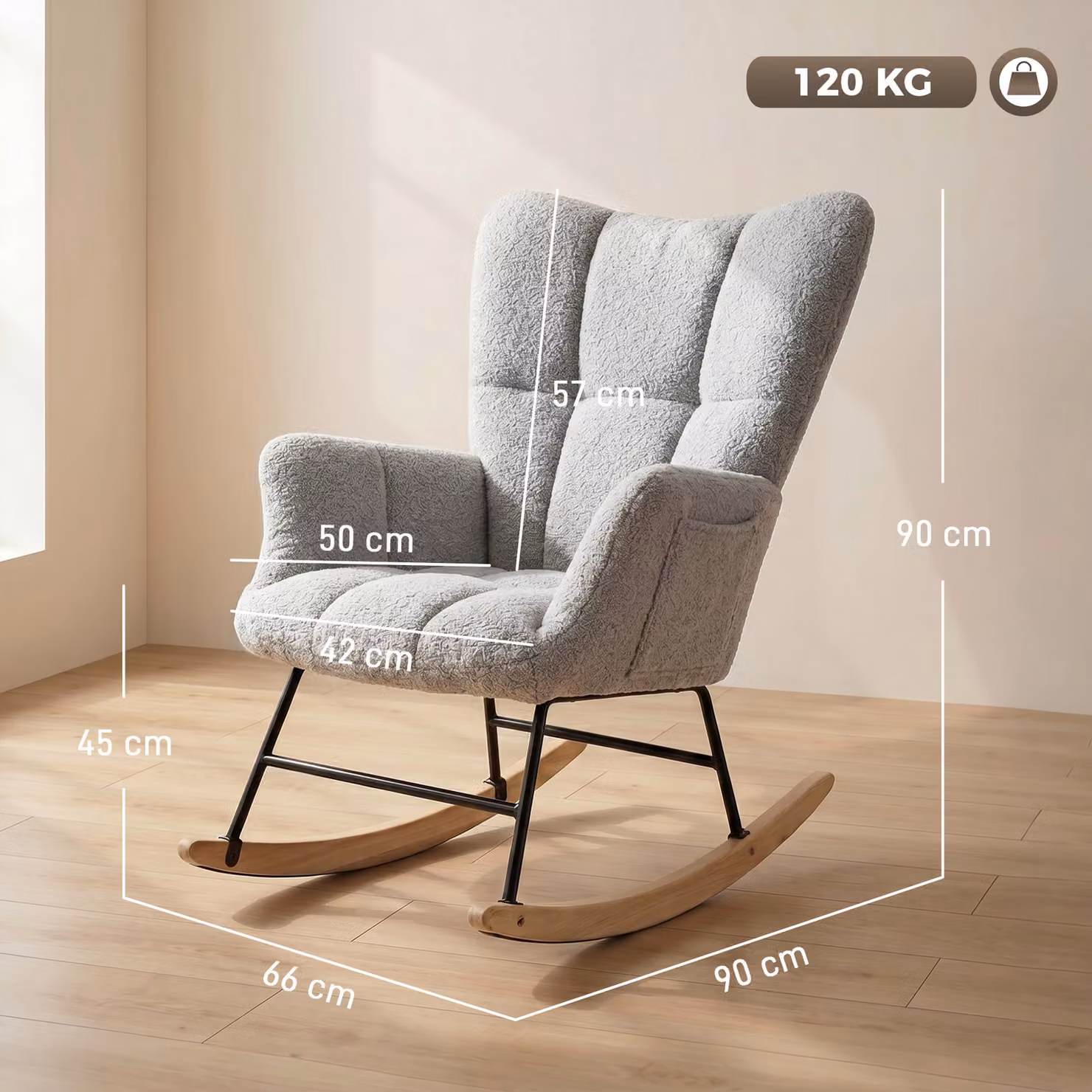 HOMCOM Grey Bouclé Rocking Chair with Armrests and Rubberwood Legs – 3