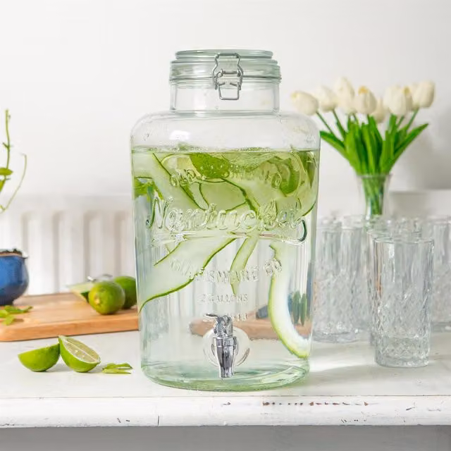 Rink Drink Transparent and White Glass Drinks Dispenser with Tap, 8.7 l