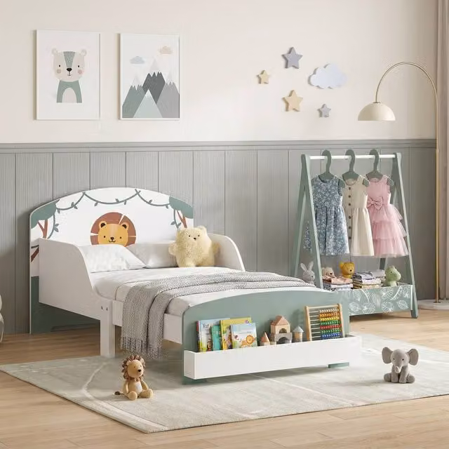 AIYAPLAY 2-Piece Kids Bedroom Set with House Frame and Side Compartments in Green, W/D/H: 150 x 77 x 60 cm