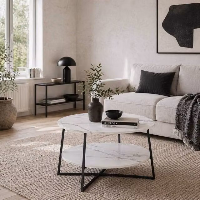 Wyld Haus Two Tier Round Marble Effect Coffee Table with White Top and Black Metal Frame – 1