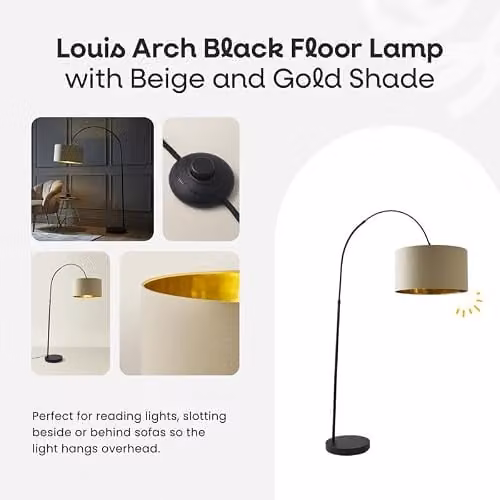 ValueLights Louis Black Metal Arched Floor Lamp with Gold Fabric Drum Shade – 1